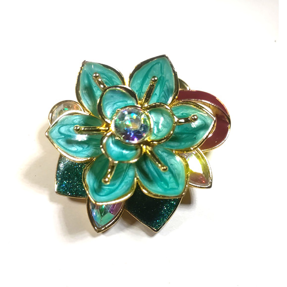 Mulan Lotus Hair Clip Barrette Blue/Green Enamel Gold Tone Euro Disney Licensed main image 4